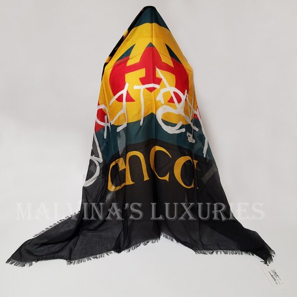 GUCCI SCARF COCO CAPITAN TOMORROW GG LOGO BLACK MODAL SILK SHAWL SQUARE 55" - Picture 3 of 15